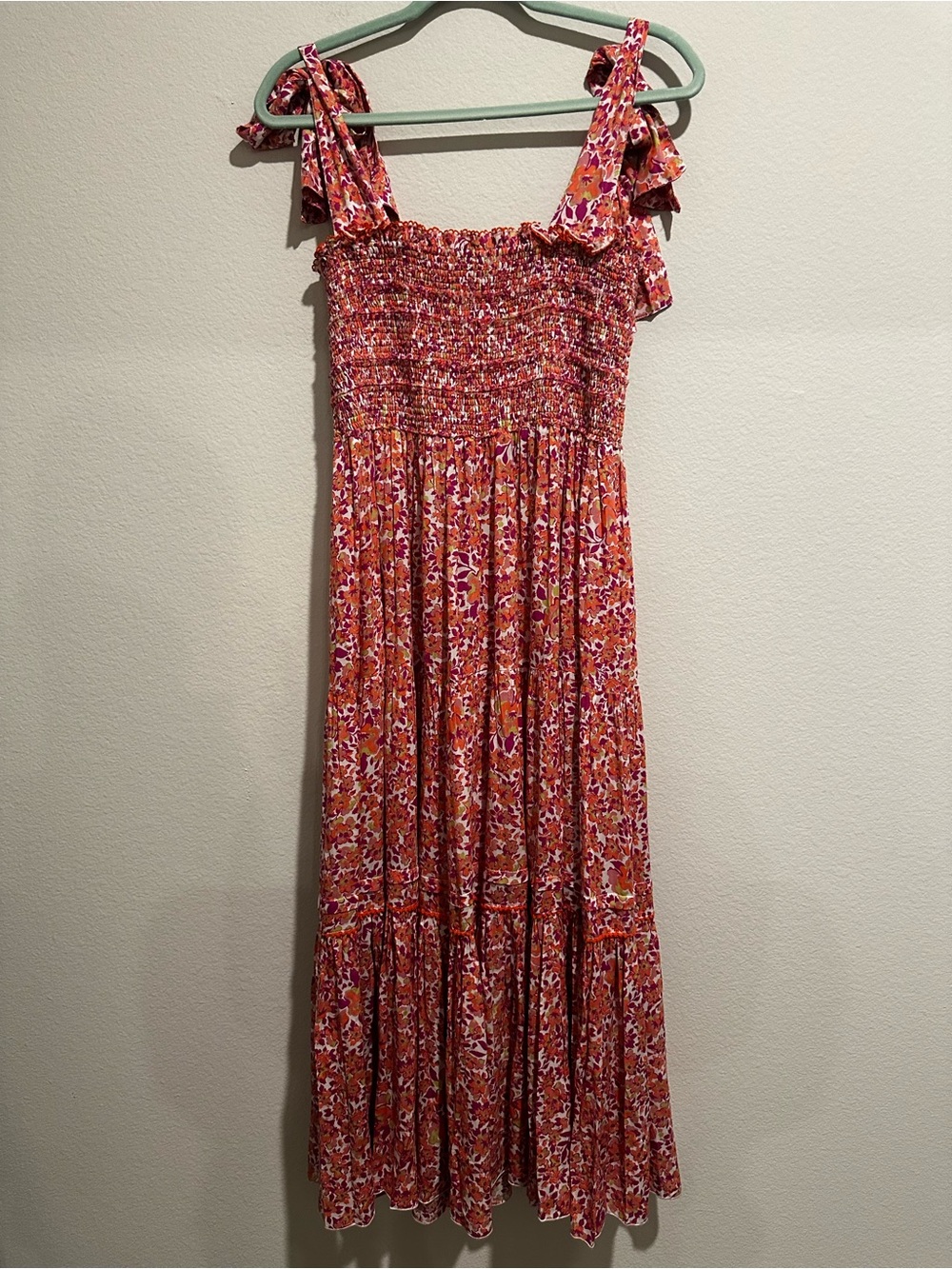 Poupette St. Barth Pink Floral Smocked Tie-Shoulder Midi Dress - Picture 10 of 11